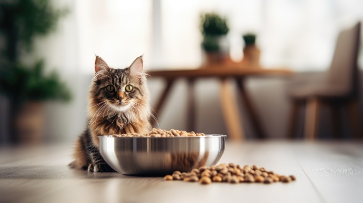 Gattino si avvicina al cibo per gatti adulti