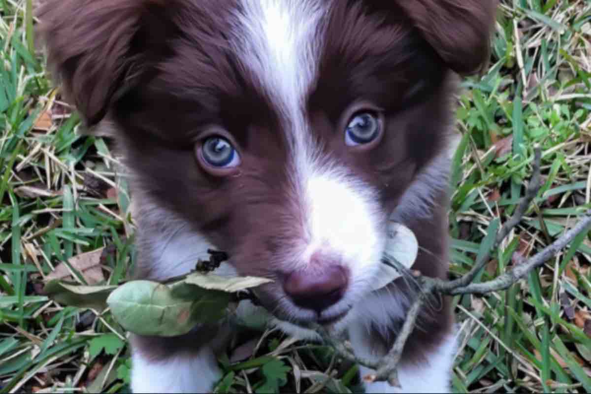 Cane bianco e nero dagli occhi azzurri mangia l'erba nel prato